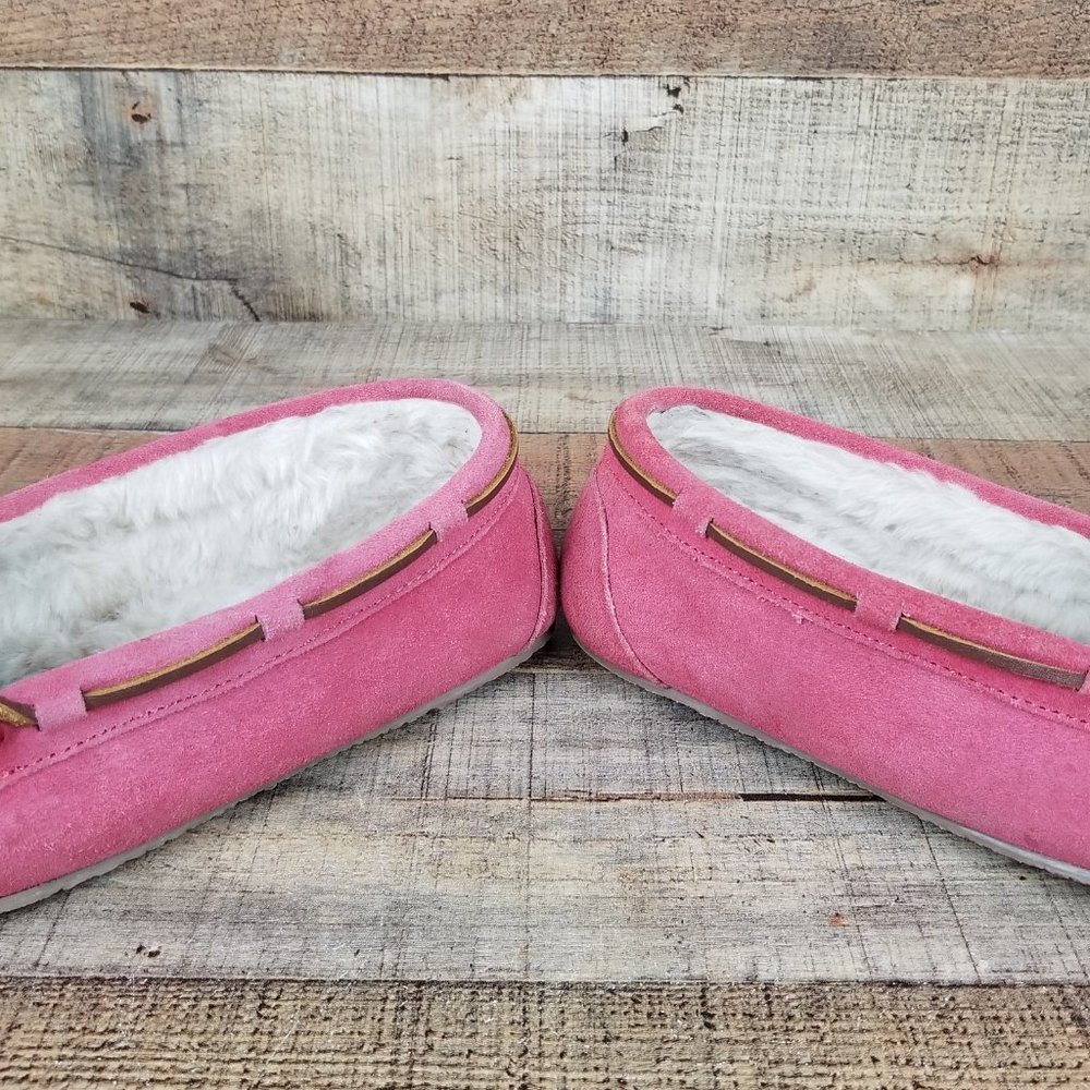 Minnetonka Pink Faux Fur Women Sz 8 Lined Suede Flats Moccasin Slippers Shoes - Picture 4 of 9